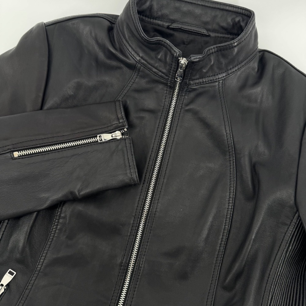 Danier‎ Magalie Black Genuine Leather Moto Jacket Ribbed Women's Medium